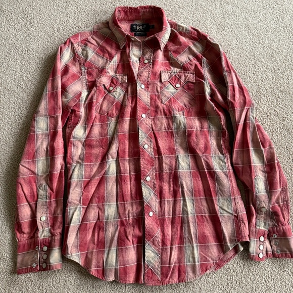 Ralph Lauren Double RL Red Beige Plaid Western Pearl Snap Cowboy Shirt Size Sm - Picture 1 of 5